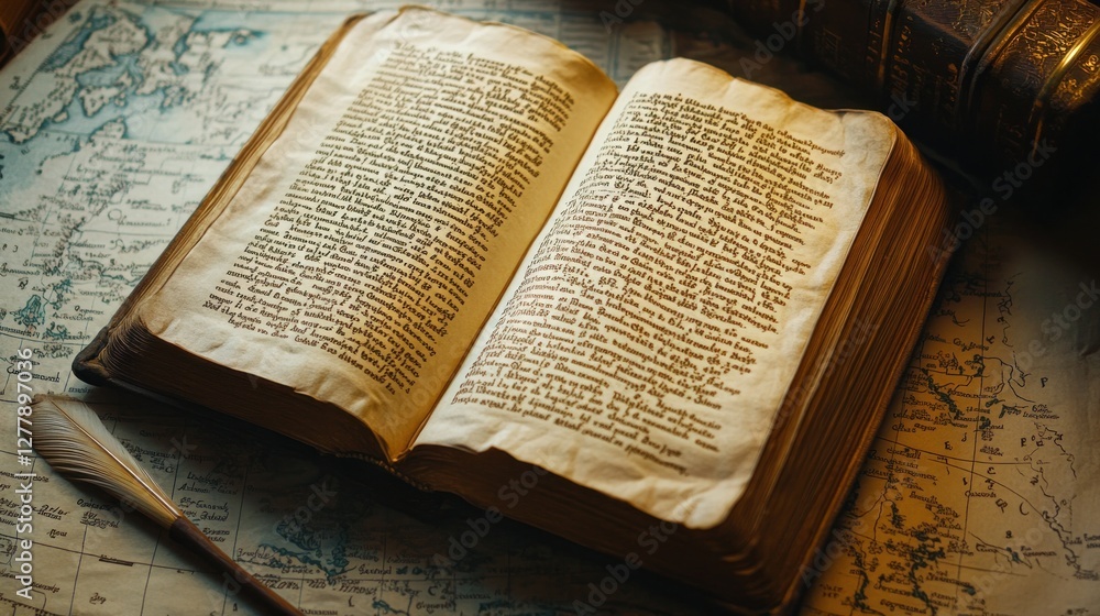 Obraz premium Old open book and feather quill pen on map