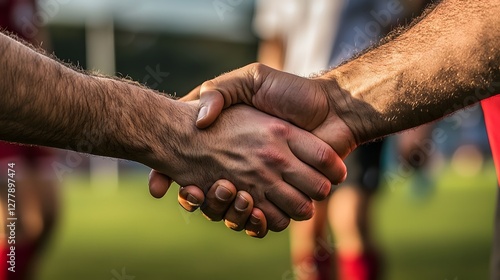 Sportsmanship displayed rugby players shaking hands on field action shot outdoor close-up