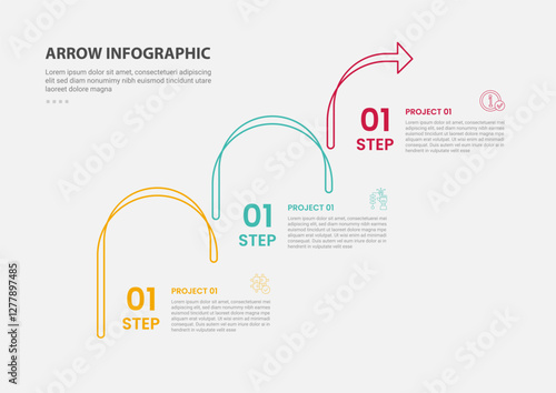 arrow base infographic outline style with 3 point template with staircase round line step by step for slide presentation