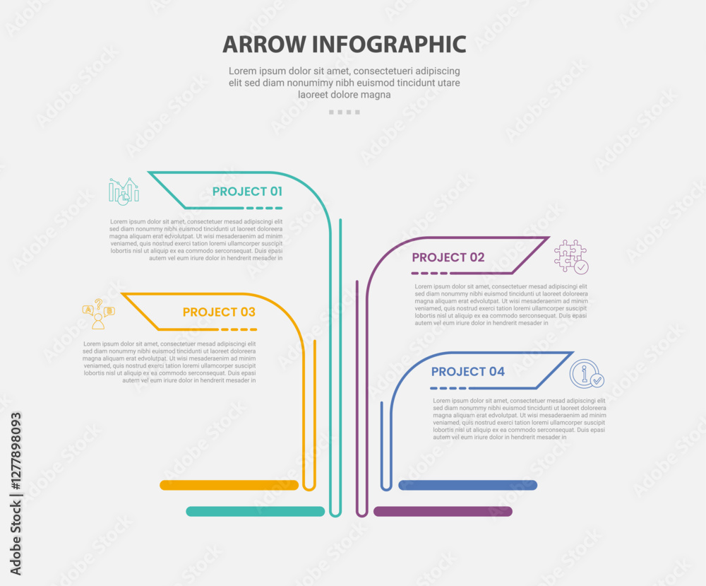 arrow base infographic outline style with 4 point template with creative arrow tree opposite direction for slide presentation