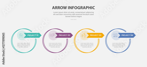 arrow base infographic outline style with 4 point template with big circle and arrow badge on top for slide presentation