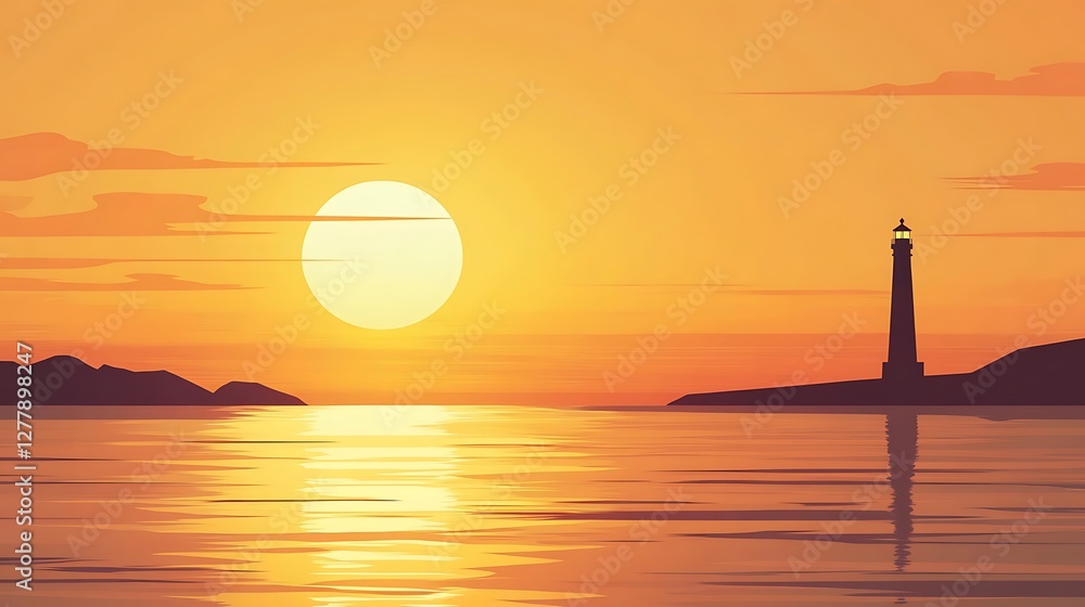 Sunset Seascape with a Solitary Lighthouse Silhouette Sunset Seascape with a Solitary Lighthouse Silhouette
