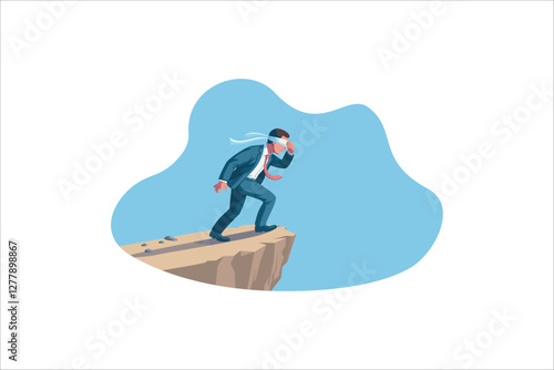 Illustration blindfolded businessman is searching a path near a deep precipice. Business risk and bankruptcy. Vector illustration.