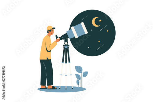 Muslim Male Character Looking at The Crescent Moon Using a Telescope