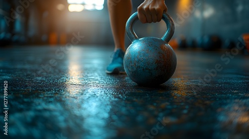 A round blue glass ball, a Christmas decoration, rests on a wooden surface photo