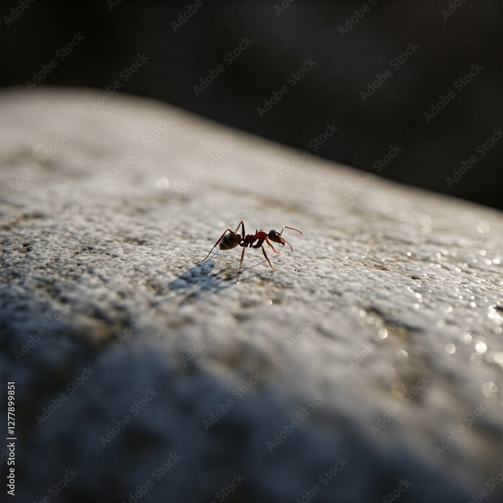 An ant exploring the surface of a smooth, polished rock.
An ant exploring the surface of a smooth, polished rock.