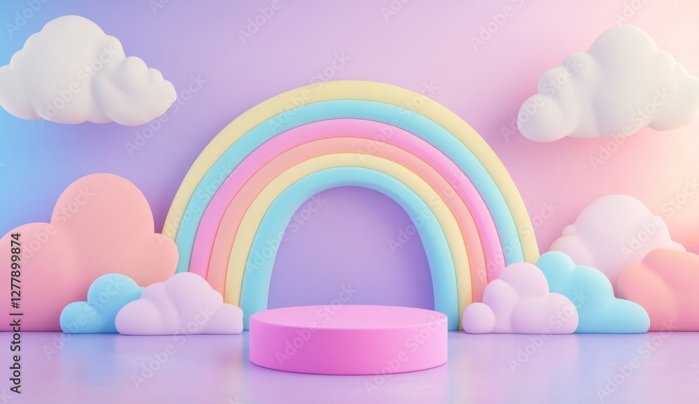 Pastel rainbow backdrop, pink podium, clouds, product display Pastel rainbow backdrop, pink podium, clouds, product display
