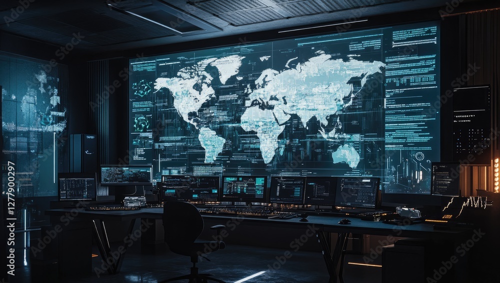 Fototapeta premium Dark control room with global map display