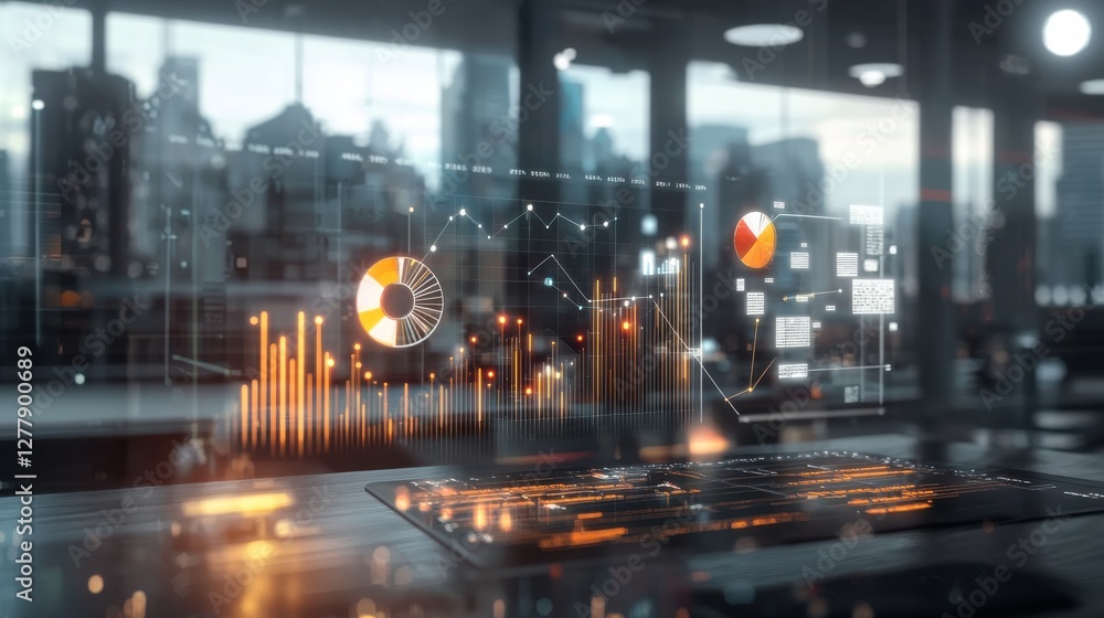 Fototapeta premium Digital Data Visualization and Financial Analytics Dashboard with Graphs Charts and Infographics on Futuristic Technology Interface