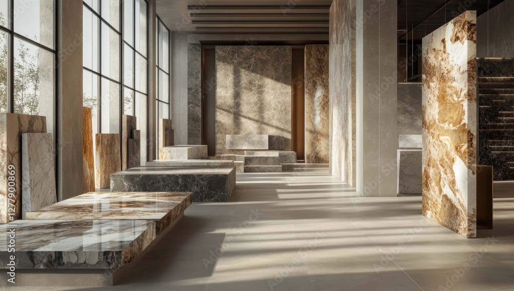 Fototapeta premium Modern stone display hall showcasing various marbles