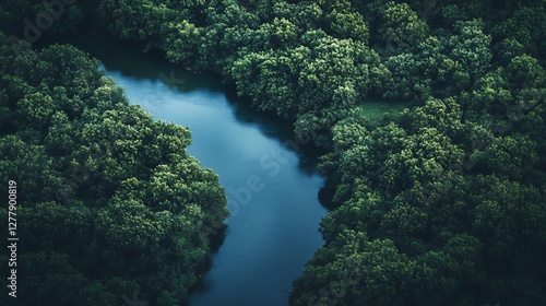 Aerial View of River Winding Through Lush Green Forest