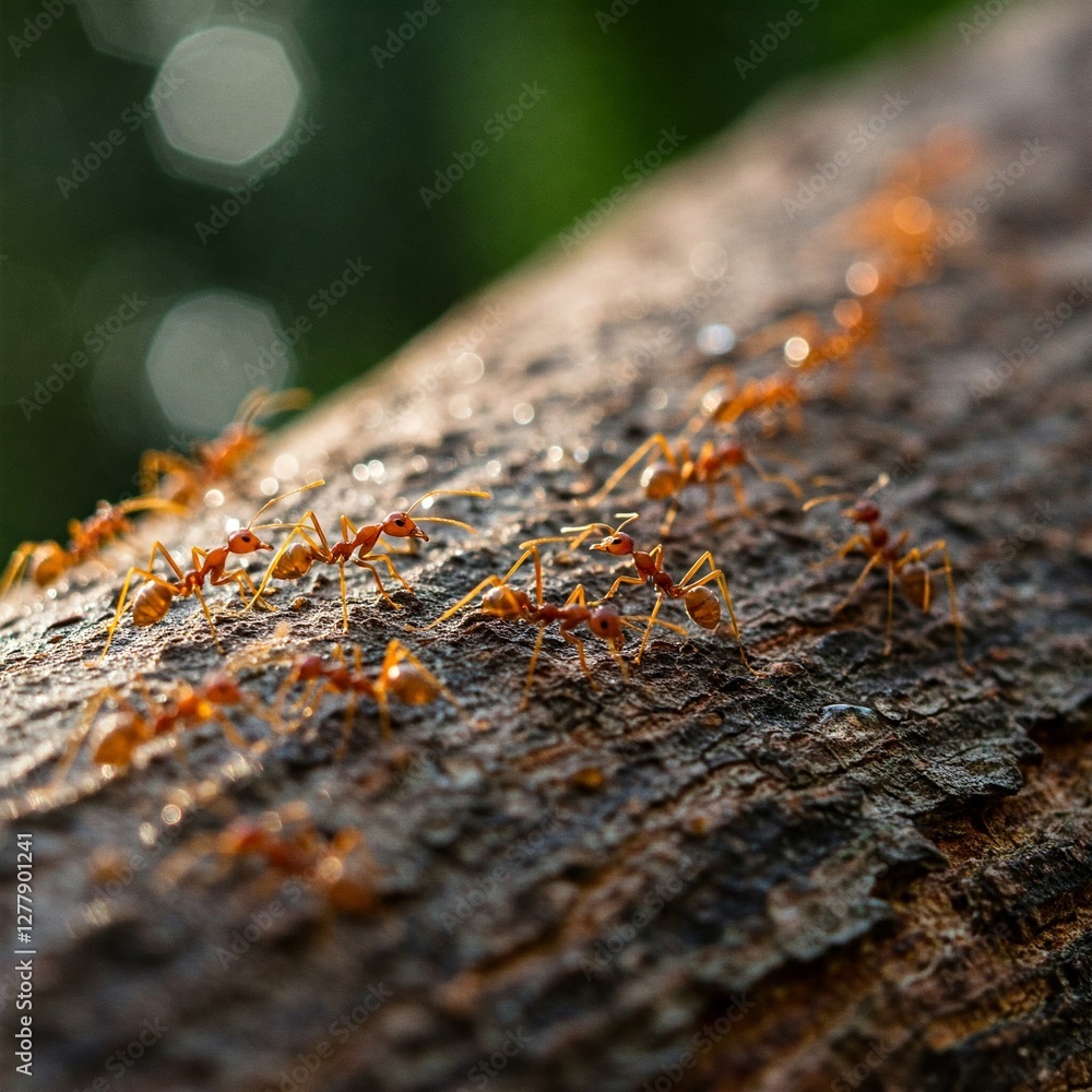 line of red ants marching along a rough bark tree trunk with morning dew glistening on the surface.
line of red ants marching along a rough bark tree trunk with morning dew glistening on the surface.