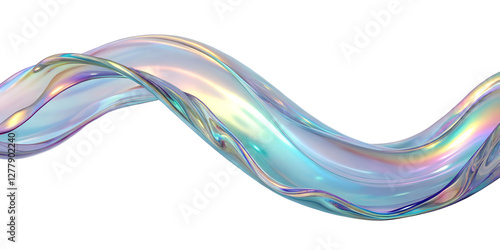 Graceful Curved Thin Lines of Pearlescent Holographic Liquid Plastic on Transparent Background