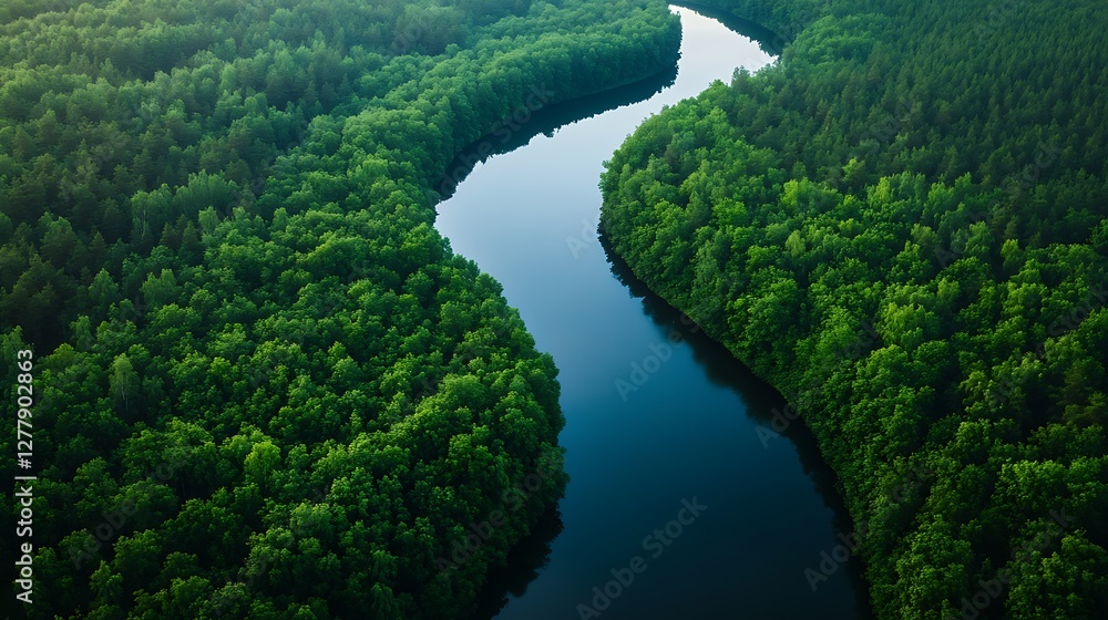 Aerial View of River Winding Through Lush Green Forest Aerial View of River Winding Through Lush Green Forest