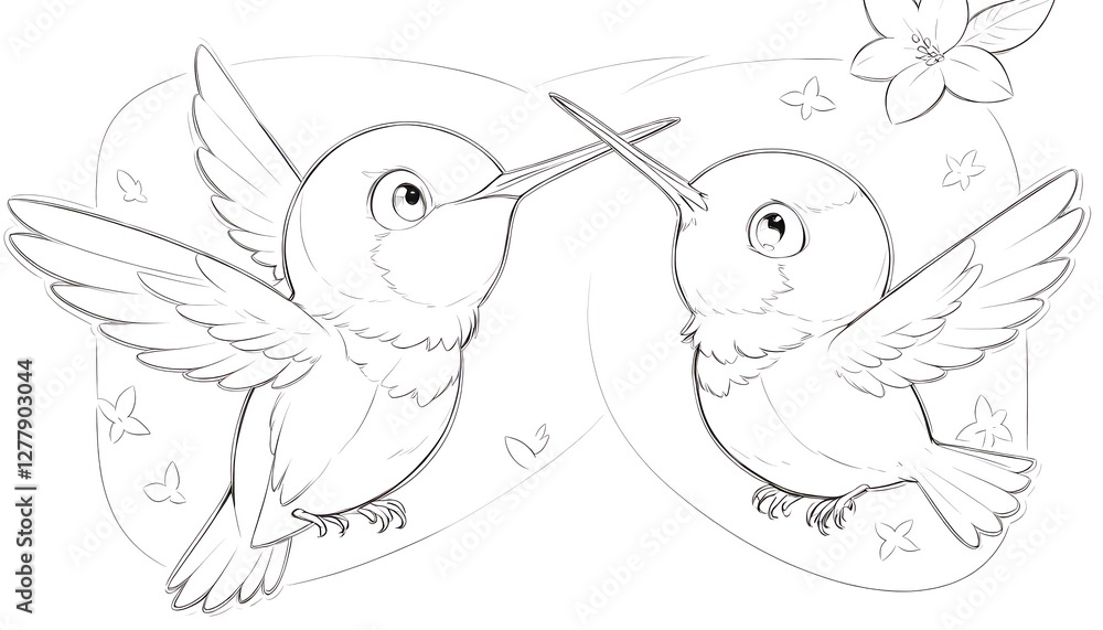 Fototapeta premium Cute hummingbirds line art illustration, black and white coloring page, nature and wildlife drawing for kids