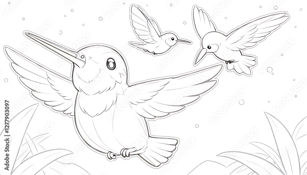 Obraz premium Cute hummingbirds line art illustration, black and white coloring page, nature and wildlife drawing for kids