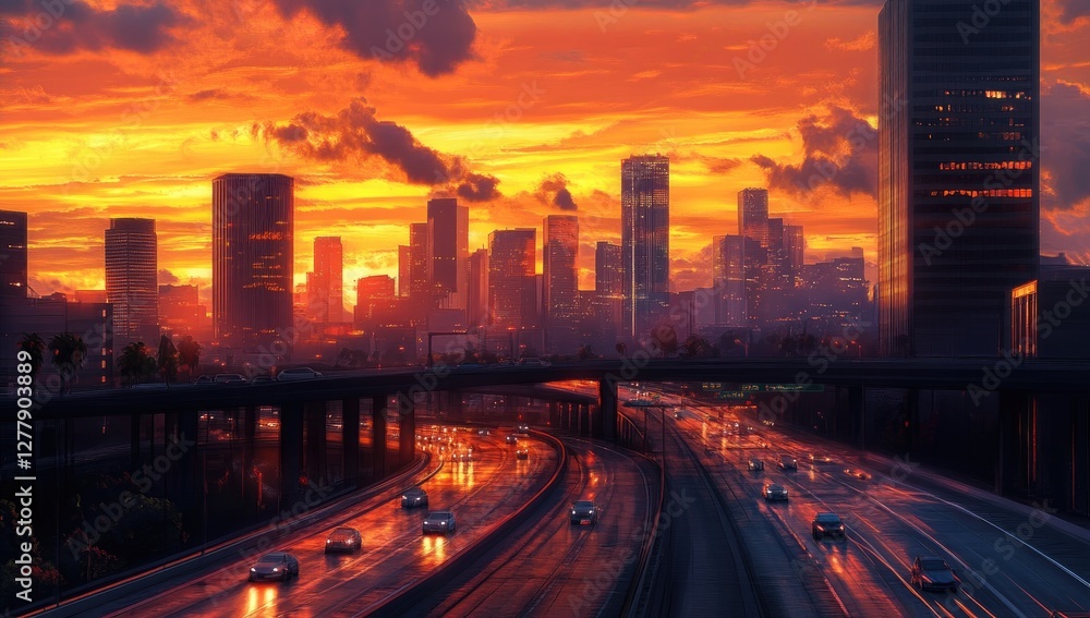 Fototapeta premium Sunset cityscape highway traffic