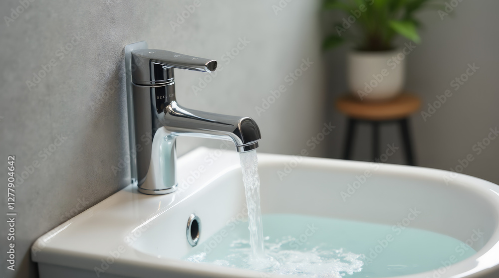 Modern chrome faucet with running water in white ceramic sink, bathroom interior concept Modern chrome faucet with running water in white ceramic sink, bathroom interior concept