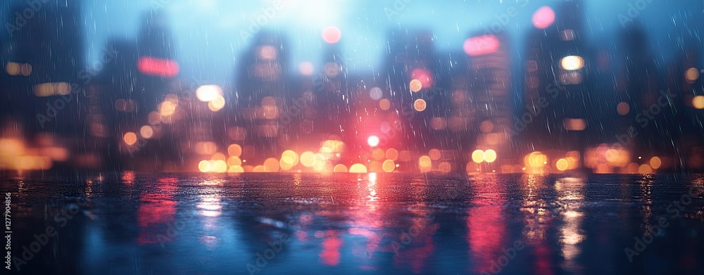 Glowing water droplets with colorful bokeh lights in the night Glowing water droplets with colorful bokeh lights in the night