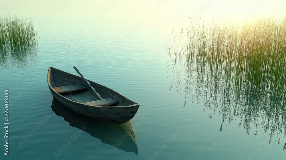 Obraz premium A wooden rowboat rests peacefully on a glassy lake surface