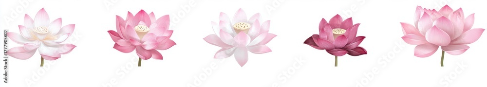 Fototapeta premium Pink lotus flower variations, white background, design element