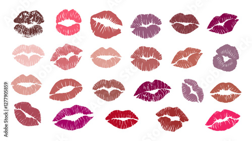 Set of Lipstick kiss prints. Red, pink, purple, wine, brown, nude, pastel, magenta lips. Different shapes female sexy lips. Female mouth. Imprint of kiss vector illustration 