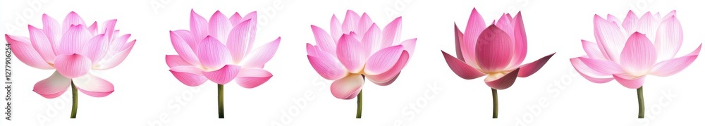 Fototapeta premium Pink lotus flower stages, white background, growth sequence, design element