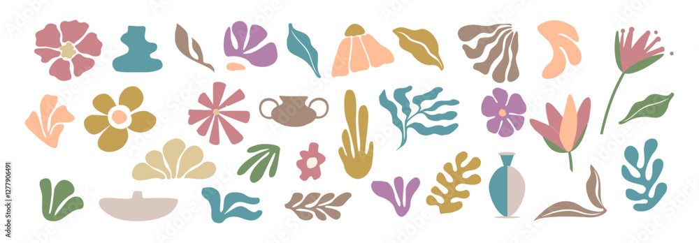 Fototapeta premium Set of hand drawn floral design elements, abstract shapes, leaves, corals, vases. Contemporary modern vector botanical art illustrations in trendy Peach Fuzz color palette isolated
