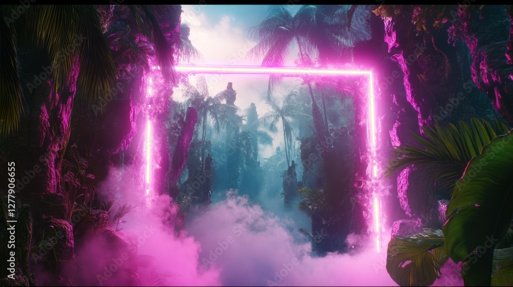 Obraz premium Neon portal glows amidst a misty tropical jungle landscape