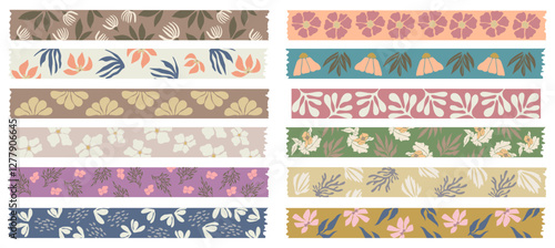 Washi tapes flowers collection. Colorful scrapbook stripes, sticky label tags and decorative scotch strip with floral abstract elements. Vector colorful illustrations isolated