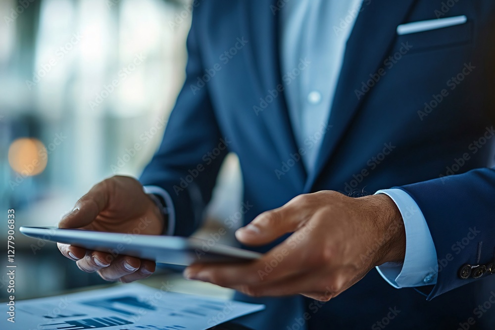 Businessman Using Tablet Reviewing Financial Data Businessman Using Tablet Reviewing Financial Data