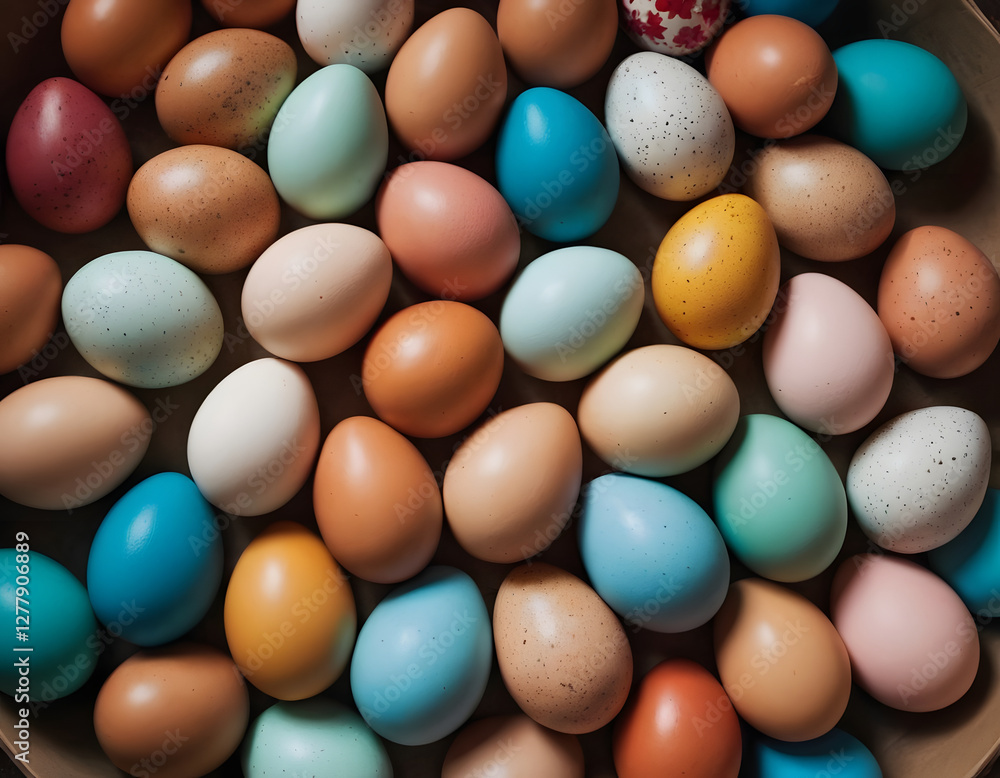 Colored Easter Eggs, Top View. Poster, banner, background. Colored Easter Eggs, Top View. Poster, banner, background.