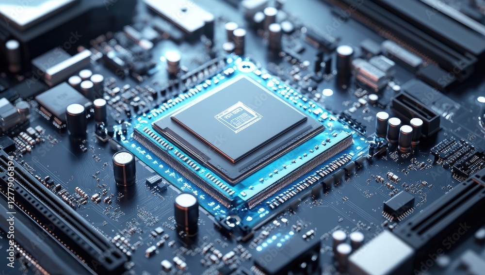 CPU on Motherboard; Detailed Circuitry; Close-up View; Technology CPU on Motherboard; Detailed Circuitry; Close-up View; Technology