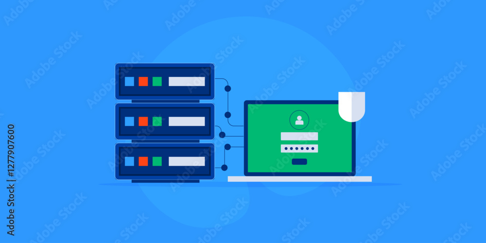 Secure server login from laptop screen with shield. Password protection storage, internet privacy technology concept. Secure server login from laptop screen with shield. Password protection storage, internet privacy technology concept.