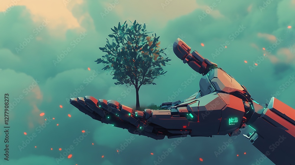 Fototapeta premium Robotic Hand Gently Holding a Sapling in a Dreamlike Setting