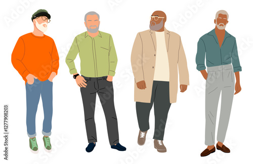 Set of different senior business men standing, walking, wearing smart casual office outfit. Aged men cartoon characters vector realistic illustrations isolated 