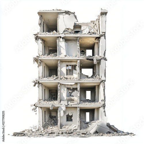 3D Render, Low Poly style of destroyed building with collapsed roof and crumbled walls, on isolated white background