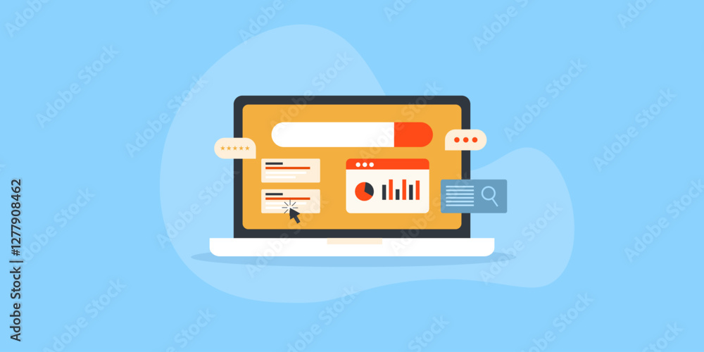 SEO strategy, analysing keyword ranking and web traffic statistics dashboard. Search bar on laptop screen, website optimization concept. SEO strategy, analysing keyword ranking and web traffic statistics dashboard. Search bar on laptop screen, website optimization concept.