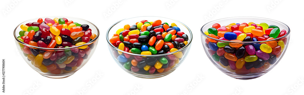 Set of glass bowl filled with multicolored jelly beans placed on white or transparent backdrop ideal for confectionery and sweet treats. Set of glass bowl filled with multicolored jelly beans placed on white or transparent backdrop ideal for confectionery and sweet treats.