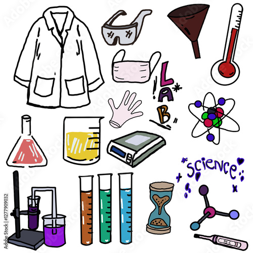 Laboratory  Equipment and science icon ,hand drawn  and Chemistry lab icon set. Doodle Vector Line 