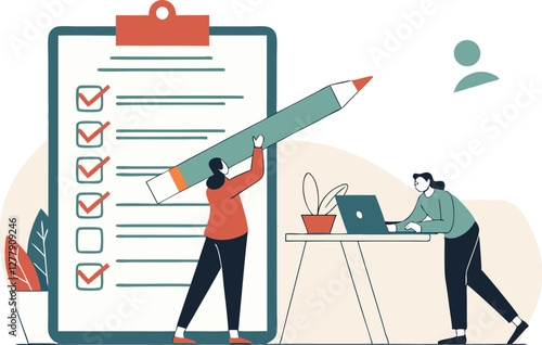 Business illustration concept. Checklist to complete project task, accomplish work checkmark, todo list clipboard or project status report, plan to finish work concept, business people holding pencil.