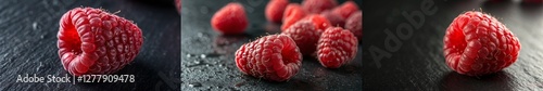 Three close up pictures of raspberries. The first picture is of a single raspberry, the second picture is of a bunch of raspberries, and the third picture is of a single raspberry photo