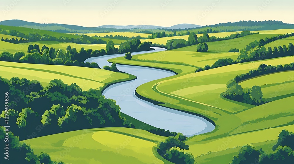 Fototapeta premium Serpentine River Winding Through Verdant Rolling Hills