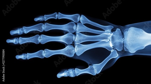 An X-ray image of a human hand, displaying intricate bone structures, joints, and finger phalanges with a glowing blue effect. photo