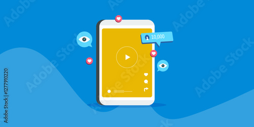 Video engagement concept, eyes watching video content on mobile screen, people reaction on social media, like and follower's concept. 