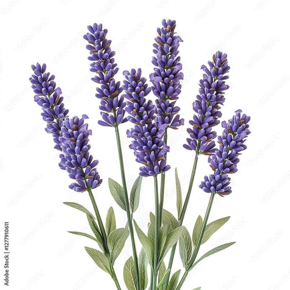 Naklejka premium Captivating lavender sprigs against a pristine white backdrop showcasing delicate floral beauty in a minimalist botanical arrangement for serene aesthetic