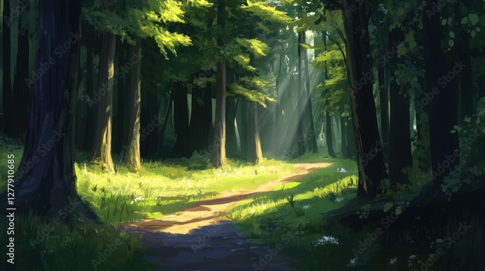 Obraz premium Sunlight filters through the trees in a lush forest