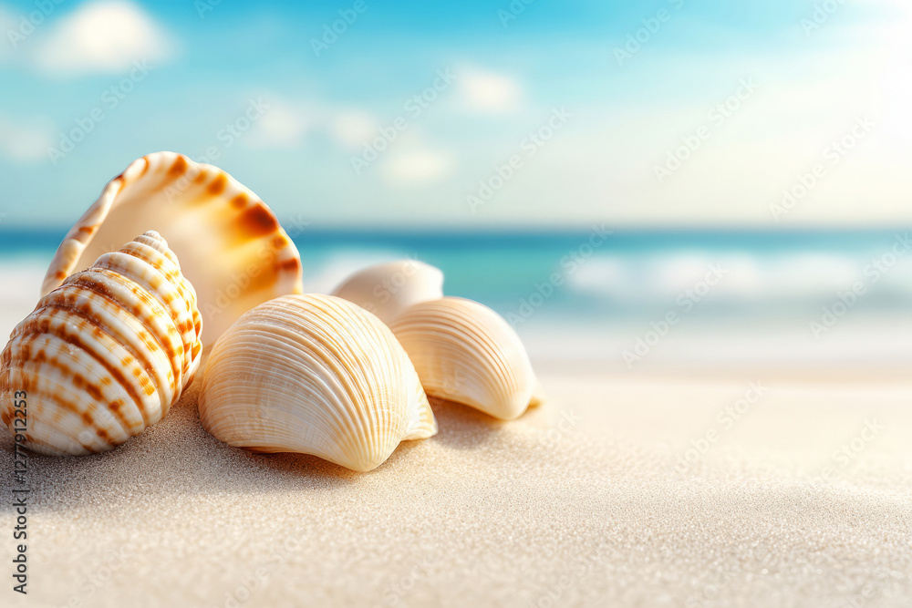 Close-Up View of Various Sea Shells on Soft Sand with Blurred Ocean Background Close-Up View of Various Sea Shells on Soft Sand with Blurred Ocean Background