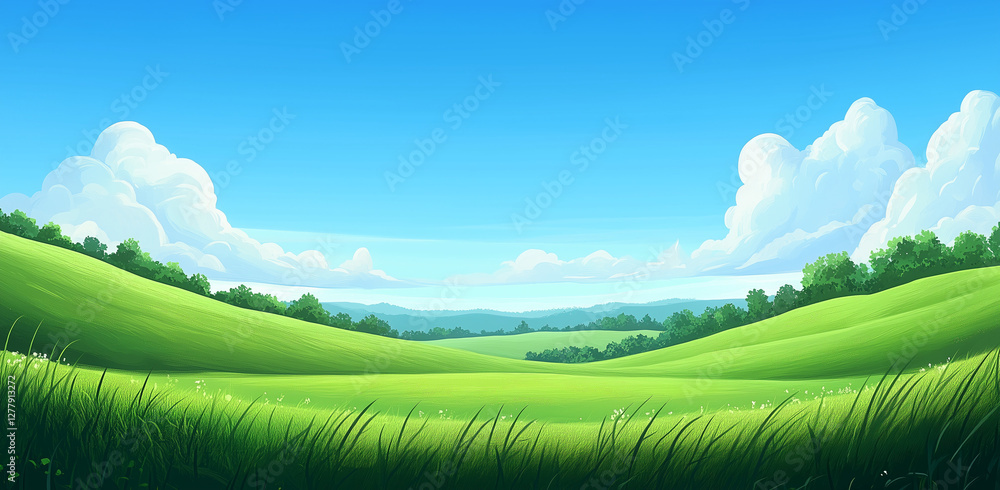 Obraz premium Vibrant Green Grass Field Under Clear Blue Sky, Symbolizing Nature, Freshness, and Tranquility in an Open Landscape