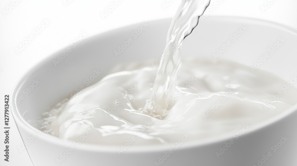Macro photography of water being gently poured from a white porcelain cup, capturing the smooth flow and tiny splashes against a bright white background. Macro photography of water being gently poured from a white porcelain cup, capturing the smooth flow and tiny splashes against a bright white background.